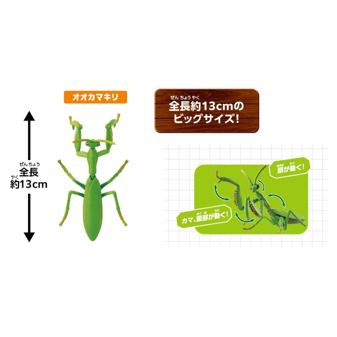  Green praying mantis toy, 13cm tall, with moving arms and head.