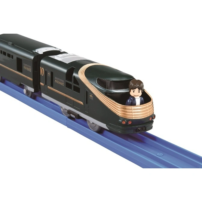  Toy train on blue tracks with a figure in the driver's seat. Dark green with gold trim.