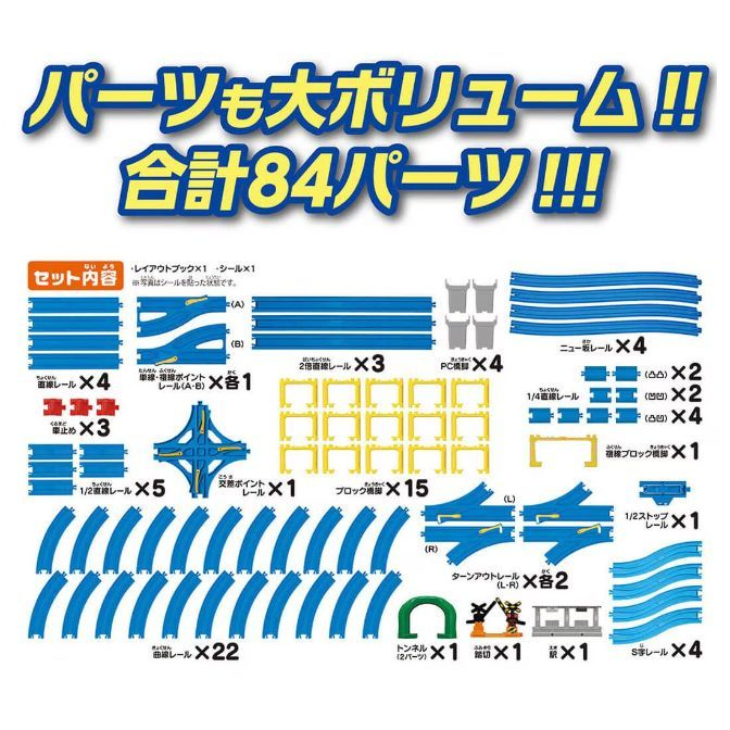  This image shows the contents of a toy train set. The set includes various types of tracks, such as straight, curved, and switch tracks, as well as accessories like a tunnel, bridge supports, and a stop. The image also indicates the quantity of each item included in the set.