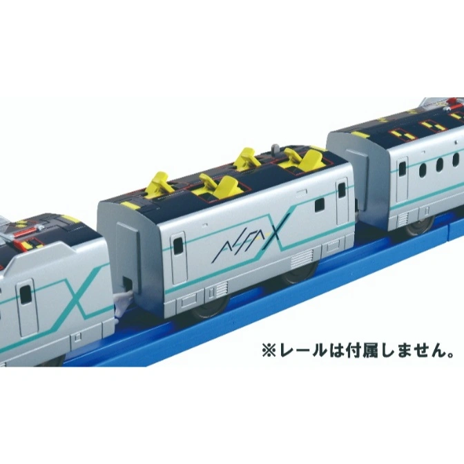  Toy train set on blue tracks, featuring a silver and black design with yellow accents.
