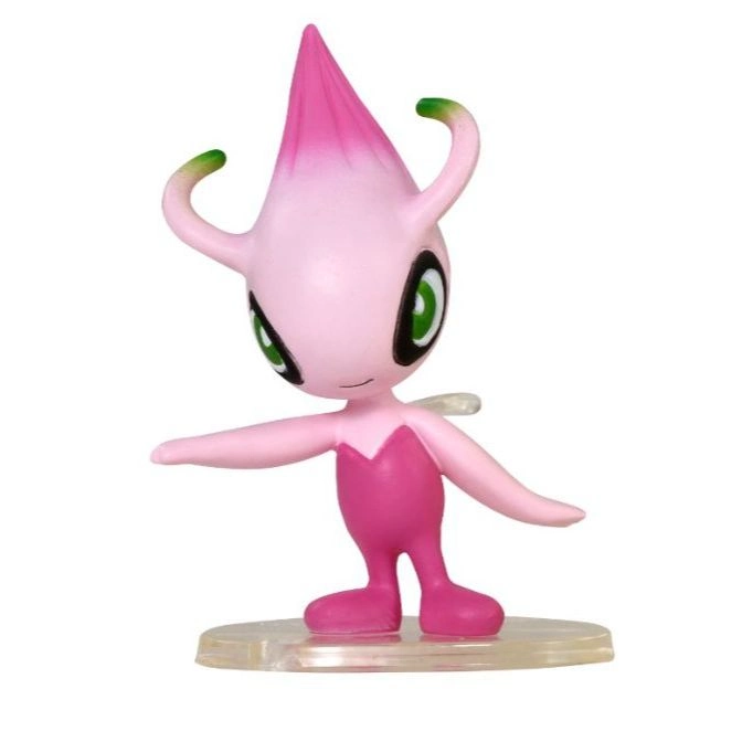  Pink Celebi figurine with green-tipped antennae standing on a clear base.