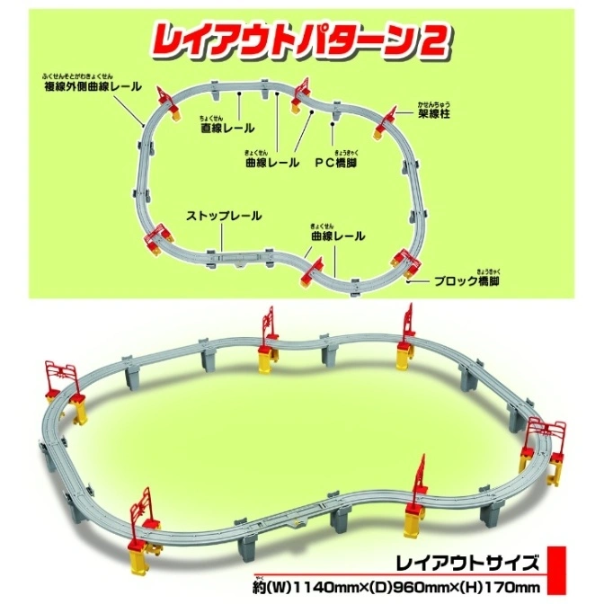  Toy train track layout with elevated sections and labeled parts in Japanese.