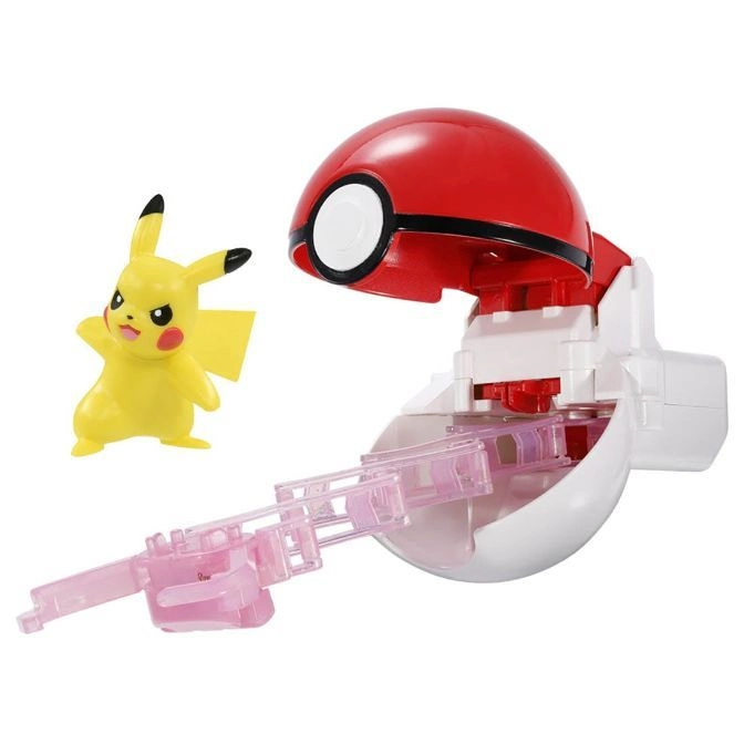 Pikachu figure next to an open Poké Ball launcher toy with pink mechanism.