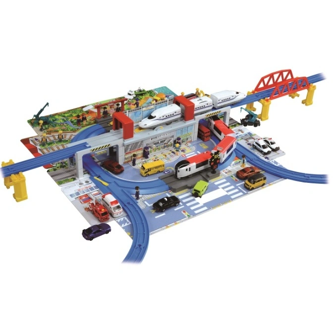  Toy train set with elevated tracks, station, cars, and figures on a city-themed playmat.