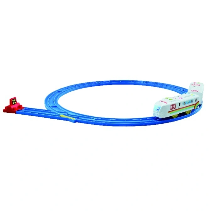 Toy train on a blue track forming a circle, with a red signal at one end.