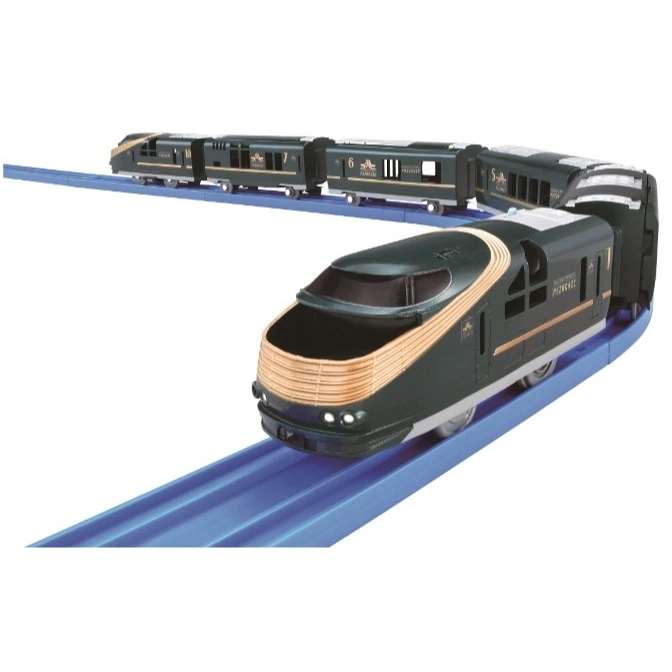 Toy train set on blue tracks. Dark green with gold trim, multiple cars numbered 5-10.