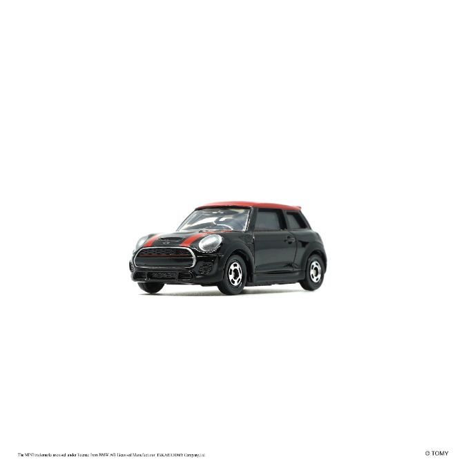  Black Mini Cooper toy car with red roof and racing stripe.