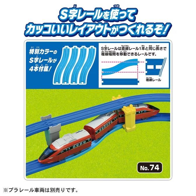  The product image shows a toy train set with blue S-shaped tracks and a red and white train. The packaging highlights that the set includes four special color S-rails, which are the same length as one straight rail and can be used to move between double track widths. The product number is No. 74, and the train is sold separately.