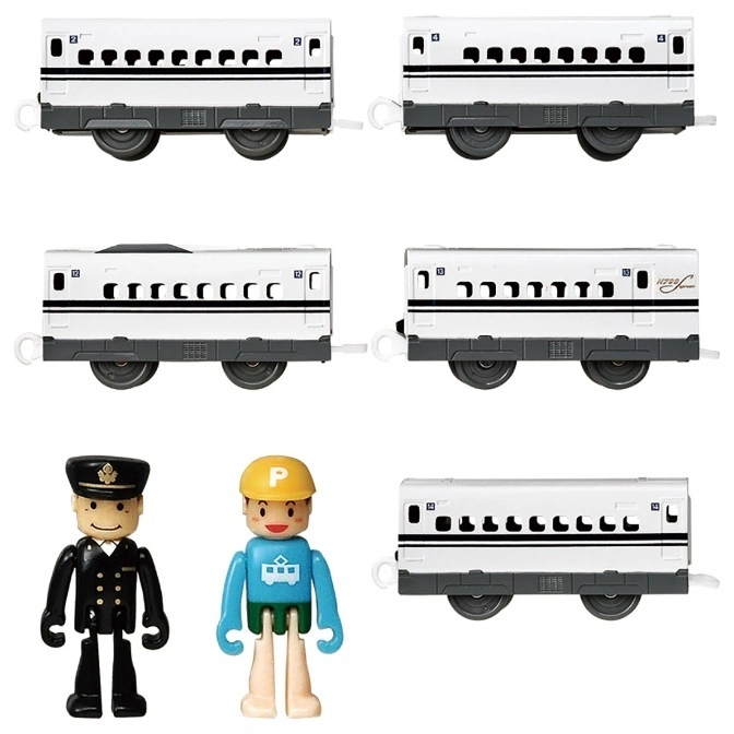 Toy train set with 5 white train cars and 2 toy figures: a conductor and a construction worker.