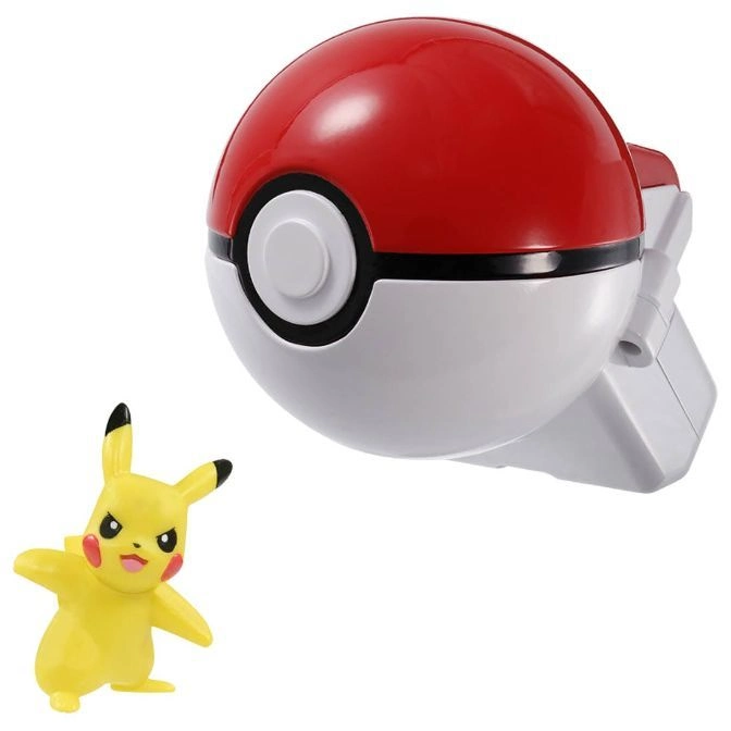  Pikachu figurine beside a red and white Poké Ball toy with a wrist strap.