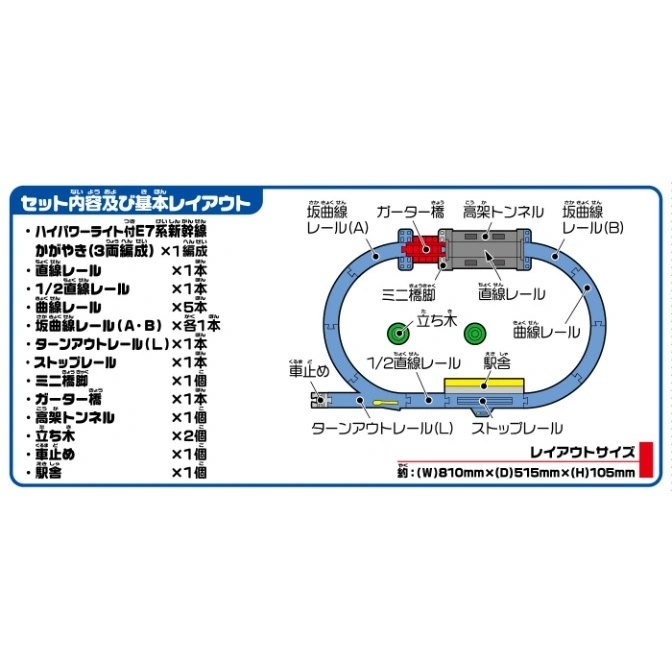  Toy train set layout: E7 Shinkansen, tracks, station, tunnel, bridge, and accessories.