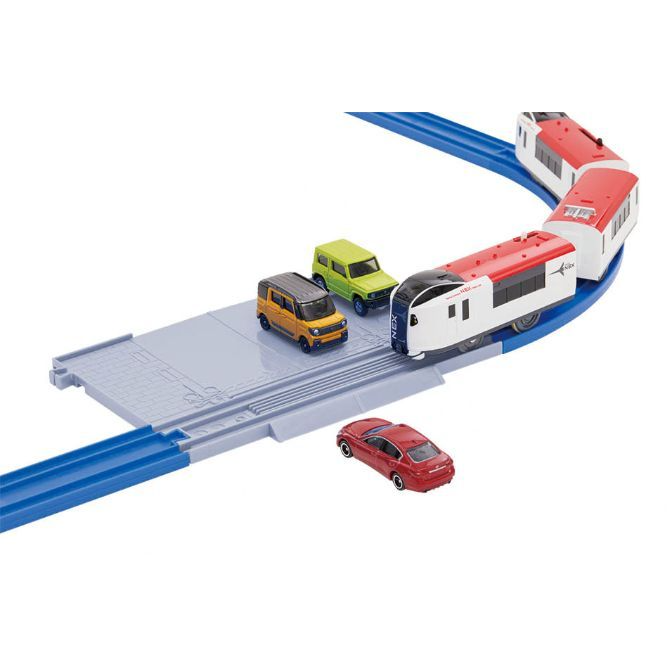  A toy train set with a red and white train, blue tracks, and three toy cars.
