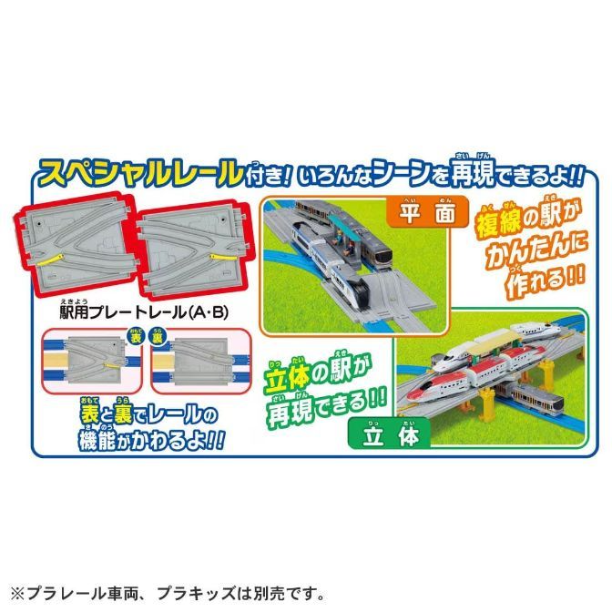  This is a product image of a Plarail train set. The set includes special rails that can be used to create different scenes. The set also includes station plate rails that can be used to create flat or elevated stations. The image shows examples of how the set can be used to create different scenes, such as a flat station with multiple tracks and an elevated station with a bullet train.