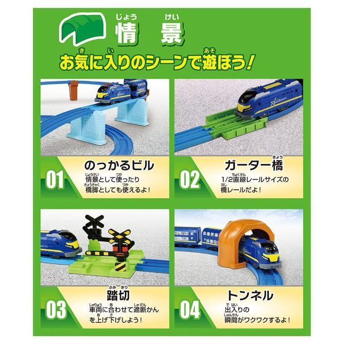  A product image showcasing a toy train set with various scenic elements. The set includes a building-like structure for the train to pass over, a girder bridge, a railroad crossing with a barrier, and a tunnel. The image is divided into four sections, each highlighting a different feature of the set.